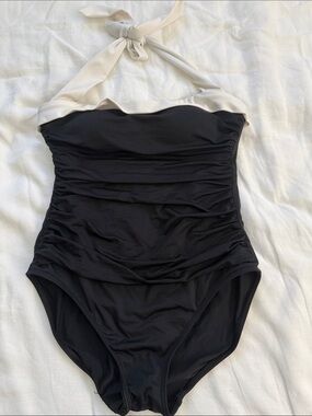 Ralph Lauren Classic Black One-Piece Swimsuit with Cream Halter Tie